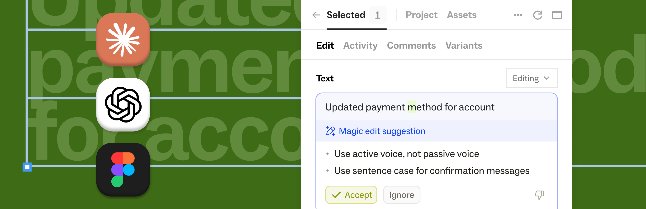 The Ditto plugin open beside a Figma canvas, suggesting an edit to a payment confirmation message, with the Claude, OpenAI, and Figma marks alongside.