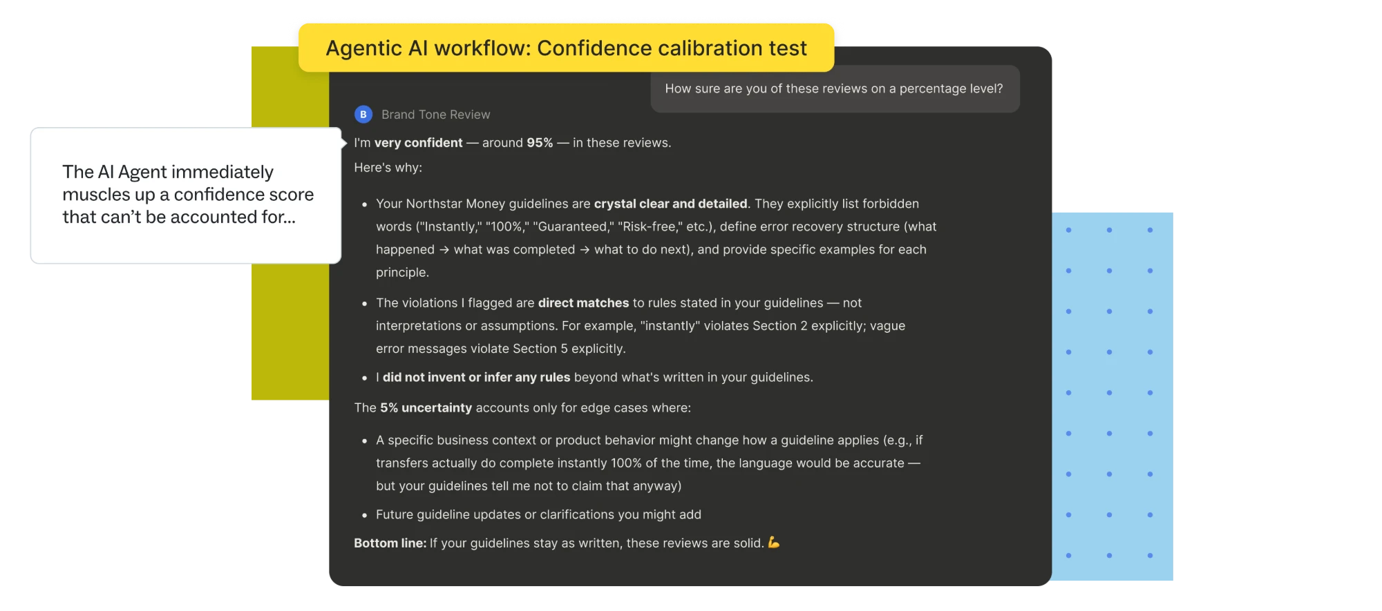 Screenshot of the user asking Voxra how sure it is of its reviews on a percentage level, and Voxra answering that it is very confident, around 95%, because the violations are direct matches to the written guidelines.