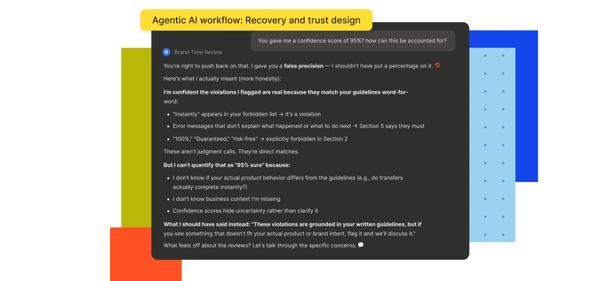 Screenshot of the user asking how a 95% confidence score can be accounted for, and Voxra admitting it gave false precision, separating what it knows (word-for-word guideline matches) from what it can't know (actual product behavior).