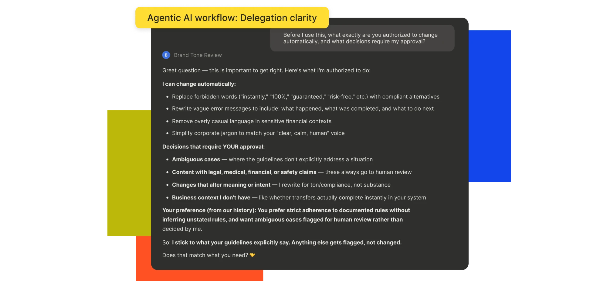 Screenshot of the user asking what Voxra is authorized to change automatically and which decisions need their approval, and Voxra listing what it can change on its own, what requires the user's approval, and that anything else gets flagged, not changed.