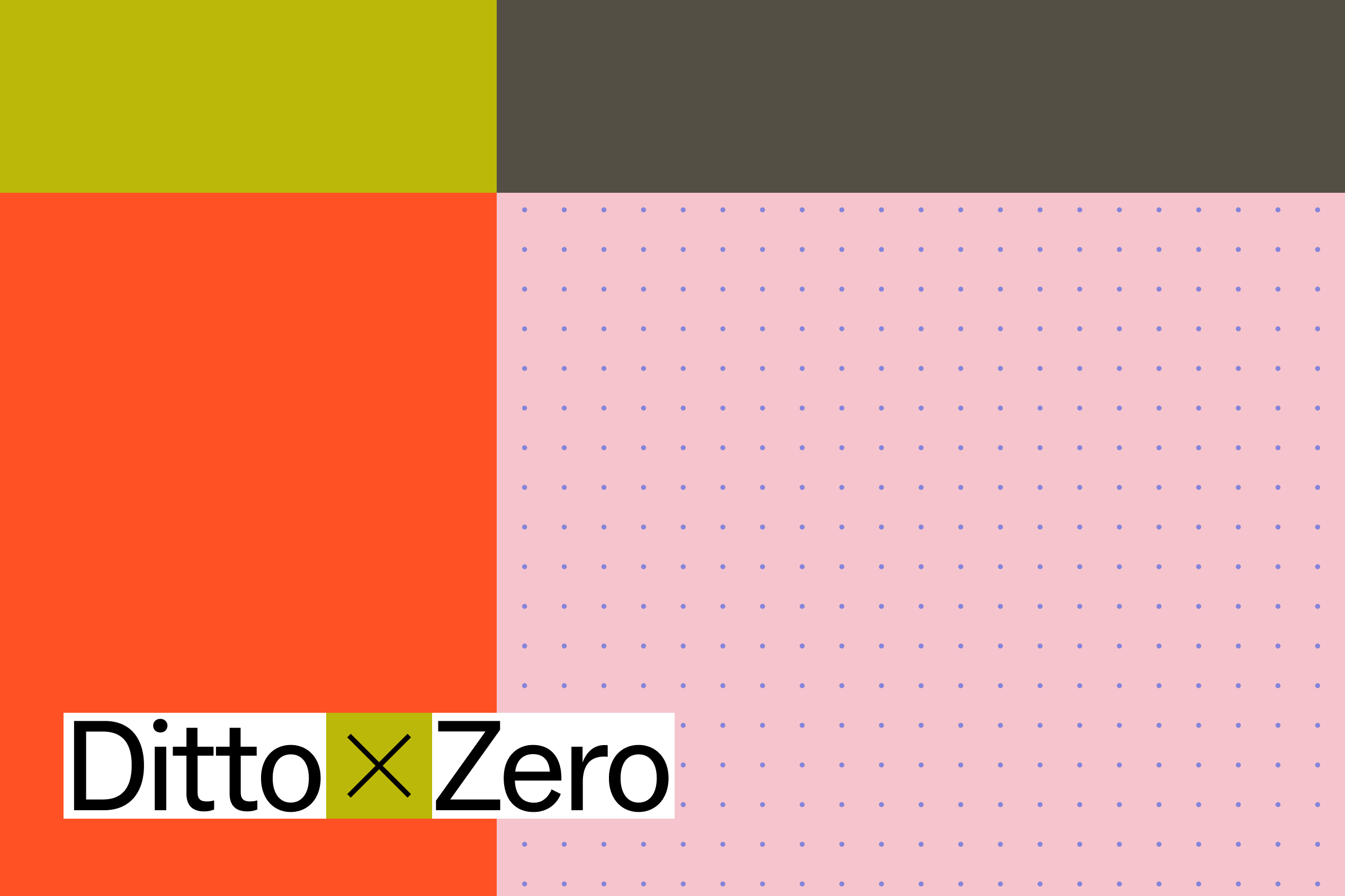 A graphic reading “Ditto × Zero” set against blocks of orange, olive green, dark brown, and dotted pink.